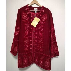 Linea by Louis Dell'Olio Red Raspberry Embroidered Wool Blend Button Up Coat 2X